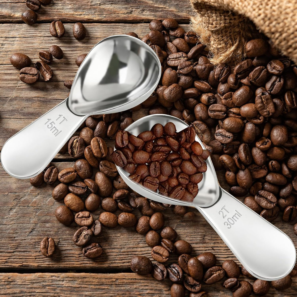 2pcs Stainless Steel Coffee Scoop Set, 1 Tbsp (15ml) & 2 Tbsp (30ml) Measuring Spoons, Short Handle Table Spoon Scoop for Ground Coffee Tea Spices Sugar