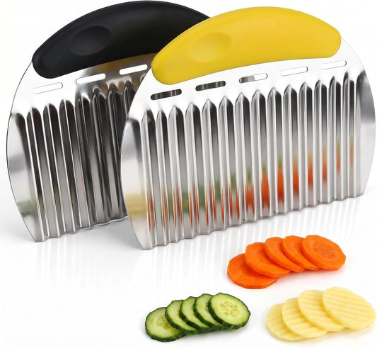 2 Pcs Stainless Steel Crinkle Chopper & French Fry Cutter Heavy Duty Wavy Potato Slicer for Vegetables Fruits Cheese Kitchen Gadget Vegetable Chopping Tool (Black & Yellow)