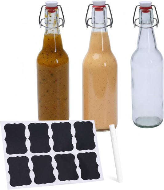 Salad Dressing Container Glass,3Pack Leakproof Salad Jar with Lid and Tags, Homemade Dressing Shaker Bottle for Meal Prep, Portable Glass Shaker Bottle for Lunch or Travel, 17 Ounce Capacity