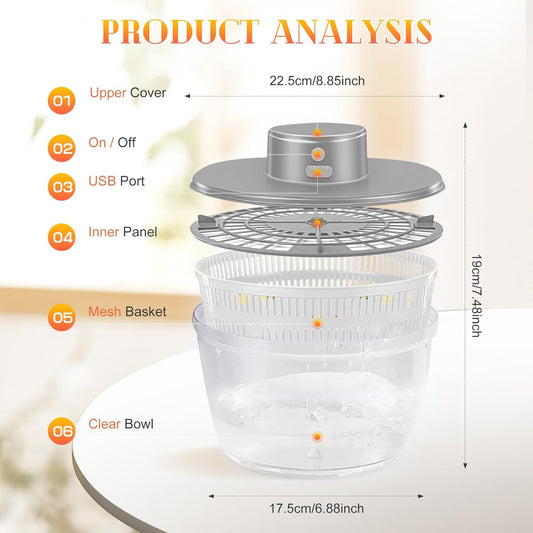 Electric Salad Spinner,Large Capacity Lettuce Spinner,4L Wireless USB | Fruit Washer Spinner,Vegetable Cleaner,Dehydrator for Fruit Vegetables,Quick Drainage Electric Mixer White