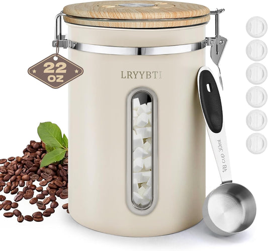 22OZ Coffee Canister Airtight Stainless Steel | Coffee Bean Storage Container , View Window, Coffee Scoop & 6 One-Way CO2 Valves for Kitchen Dry Food Storage