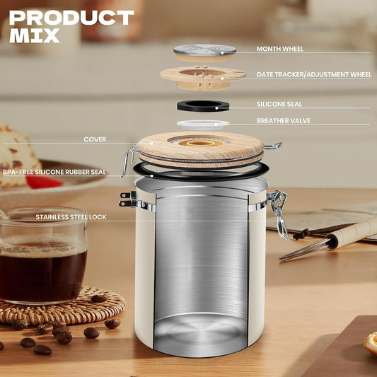 22OZ Coffee Canister Airtight Stainless Steel | Coffee Bean Storage Container , View Window, Coffee Scoop & 6 One-Way CO2 Valves for Kitchen Dry Food Storage