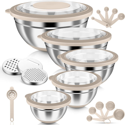 Stainless Steel Mixing Bowls, Khaki | Airtight Clear Lids, 5 Nesting Bowls: 4.6/2.6/1.5/1/0.7 QT, Includes 3 Graters, Non-Slip, For Serving, Prepping, Storing