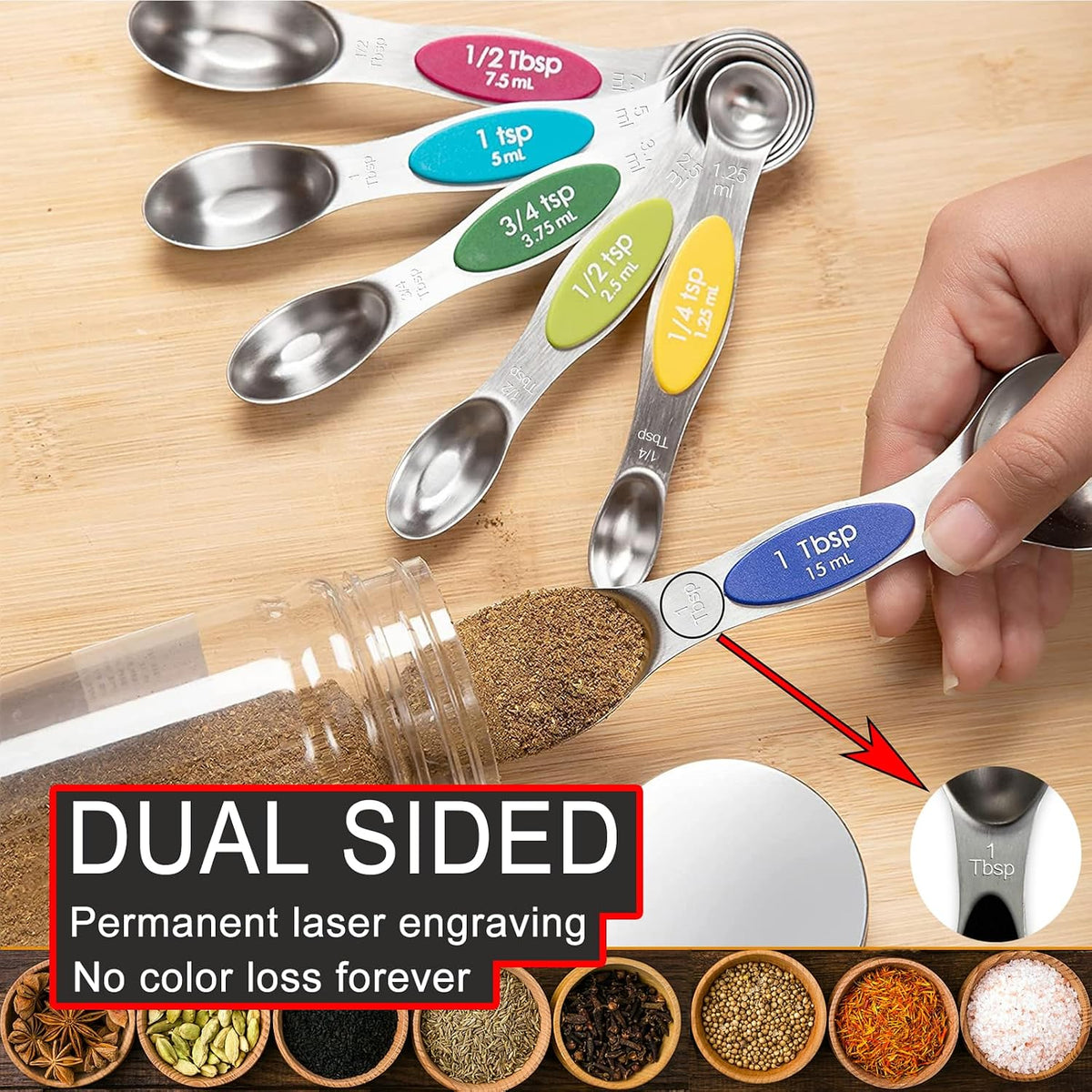 Magnetic Measuring Spoons Set,Heavy Duty Stainless Steel,Dual Sided Stackable Measuring Spoons Nesting Teaspoons Tablespoons for Measuring Dry and Liquid Ingredients,Set of 9 (Colorful)
