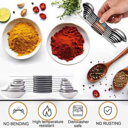 Magnetic Measuring Spoons Set,Heavy Duty Stainless Steel,Dual Sided Stackable Measuring Spoons Nesting Teaspoons Tablespoons for Measuring Dry and Liquid Ingredients,Set of 9 (Colorful)