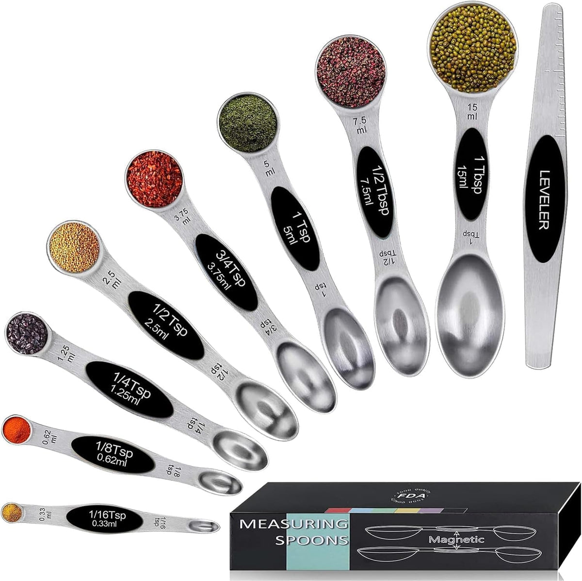 Magnetic Measuring Spoons Set,Heavy Duty Stainless Steel,Dual Sided Stackable Measuring Spoons Nesting Teaspoons Tablespoons for Measuring Dry and Liquid Ingredients,Set of 9 (Colorful)