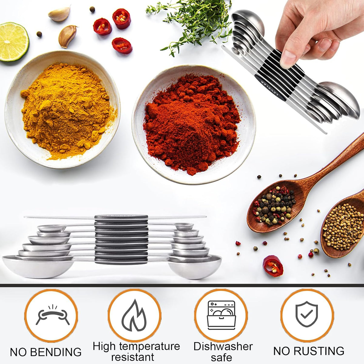 Magnetic Measuring Spoons Set,Heavy Duty Stainless Steel,Dual Sided Stackable Measuring Spoons Nesting Teaspoons Tablespoons for Measuring Dry and Liquid Ingredients,Set of 9 (Colorful)