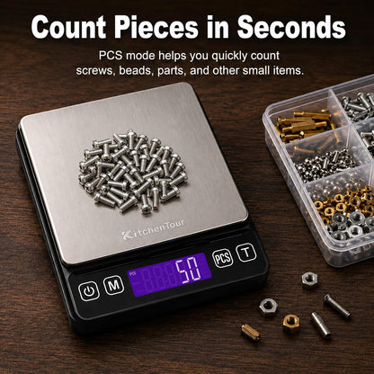 KitchenTour Mini Gram Scale for Coffee, Jewelry and Small Items, 500g x 0.01g Digital Pocket Scale with Tare, 6 Units, Back-Lit LCD, 2 Trays, Black