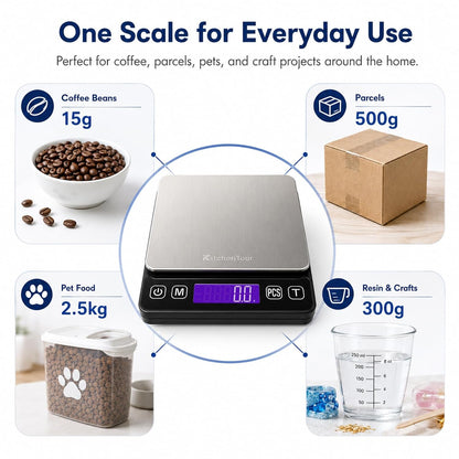 KitchenTour Mini Gram Scale for Coffee, Jewelry and Small Items, 500g x 0.01g Digital Pocket Scale with Tare, 6 Units, Back-Lit LCD, 2 Trays, Black