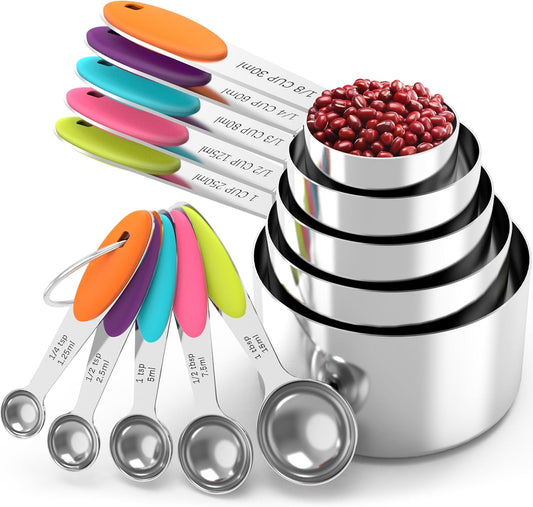 TILUCK Nesting Measuring Cups and Spoons Set, Stainless Steel with Soft Silicone Handle – Heavy Duty & Dishwasher Safe for Measuring Dry/Liquid Ingredients, Ideal for Cooking & Baking (10)
