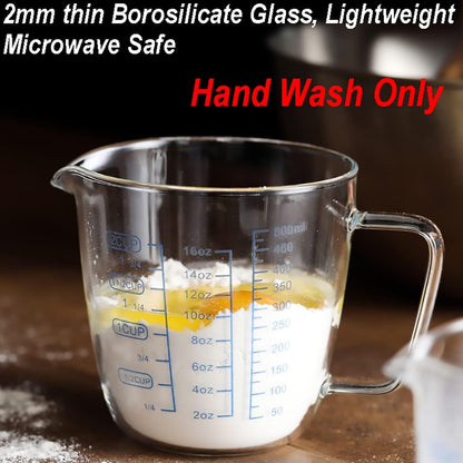 Glass Measuring Cup with Lid, Graduated Beaker Mug with Handle, Light-weight Borosilicate Glass V-Shaped Spout Microwave Safe Scales Cup for Cooking Baking (2cup/16oz/500ml)