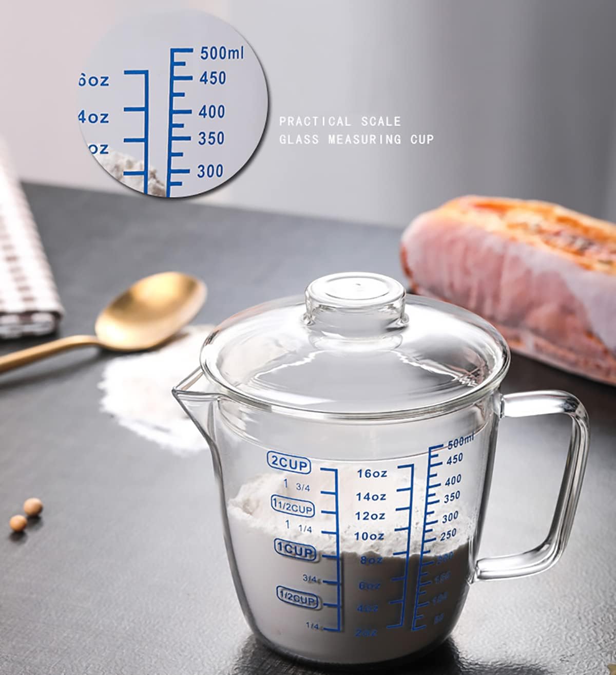 Glass Measuring Cup with Lid, Graduated Beaker Mug with Handle, Light-weight Borosilicate Glass V-Shaped Spout Microwave Safe Scales Cup for Cooking Baking (2cup/16oz/500ml)