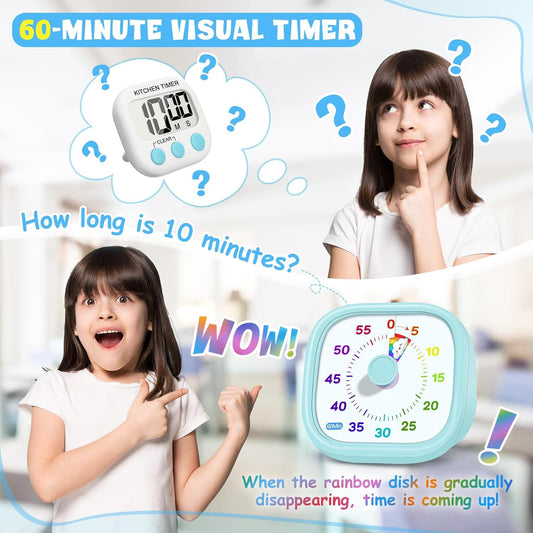 Visual Timer for Kids - 60 Minute Pomodoro Timers for Classroom Kitchen Office, Countdown Kids Timer Clock with Rainbow Disk, Desk Time Management Tool for Toddler with Silent Operation, Blue