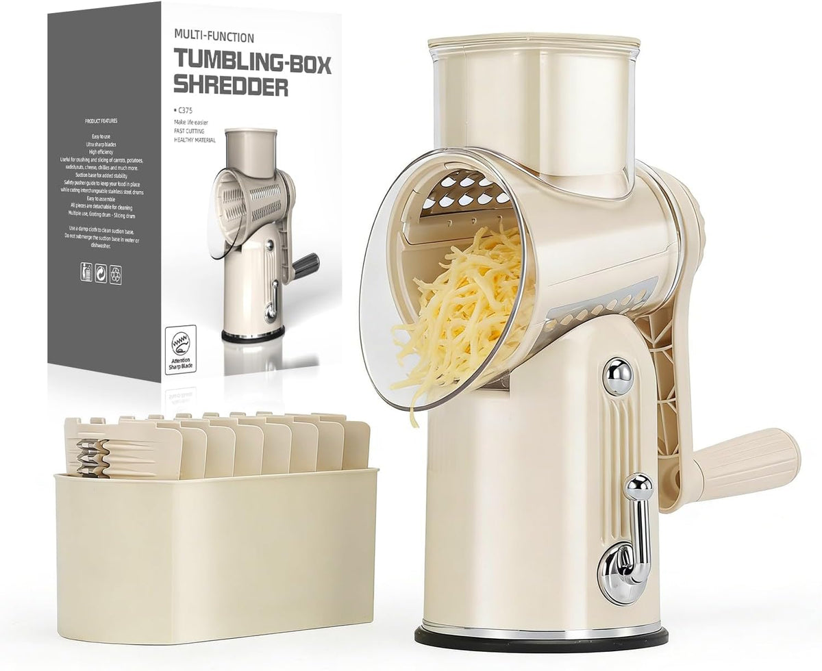 Rotary Cheese Grater 5 in 1 White - Hand Crank Vegetable Cutter, Shredder, Slicer, Enlarge Input, Suction Base, Labor-Saving Handle, Blade Storage Box, for Onion, Potato, Vegetable, Nuts, etc
