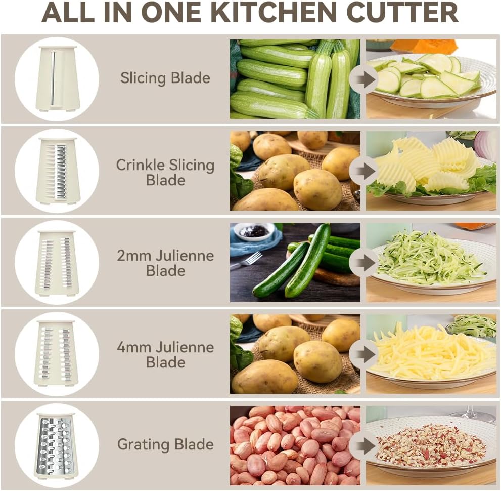 Rotary Cheese Grater 5 in 1 White - Hand Crank Vegetable Cutter, Shredder, Slicer, Enlarge Input, Suction Base, Labor-Saving Handle, Blade Storage Box, for Onion, Potato, Vegetable, Nuts, etc