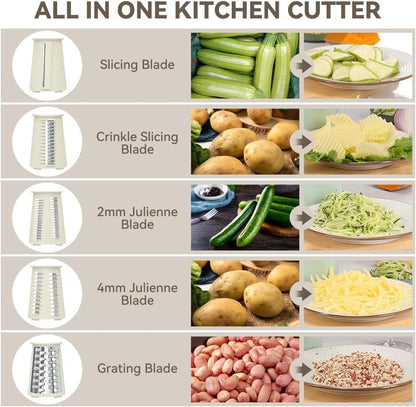 Rotary Cheese Grater 5 in 1 White - Hand Crank Vegetable Cutter, Shredder, Slicer, Enlarge Input, Suction Base, Labor-Saving Handle, Blade Storage Box, for Onion, Potato, Vegetable, Nuts, etc