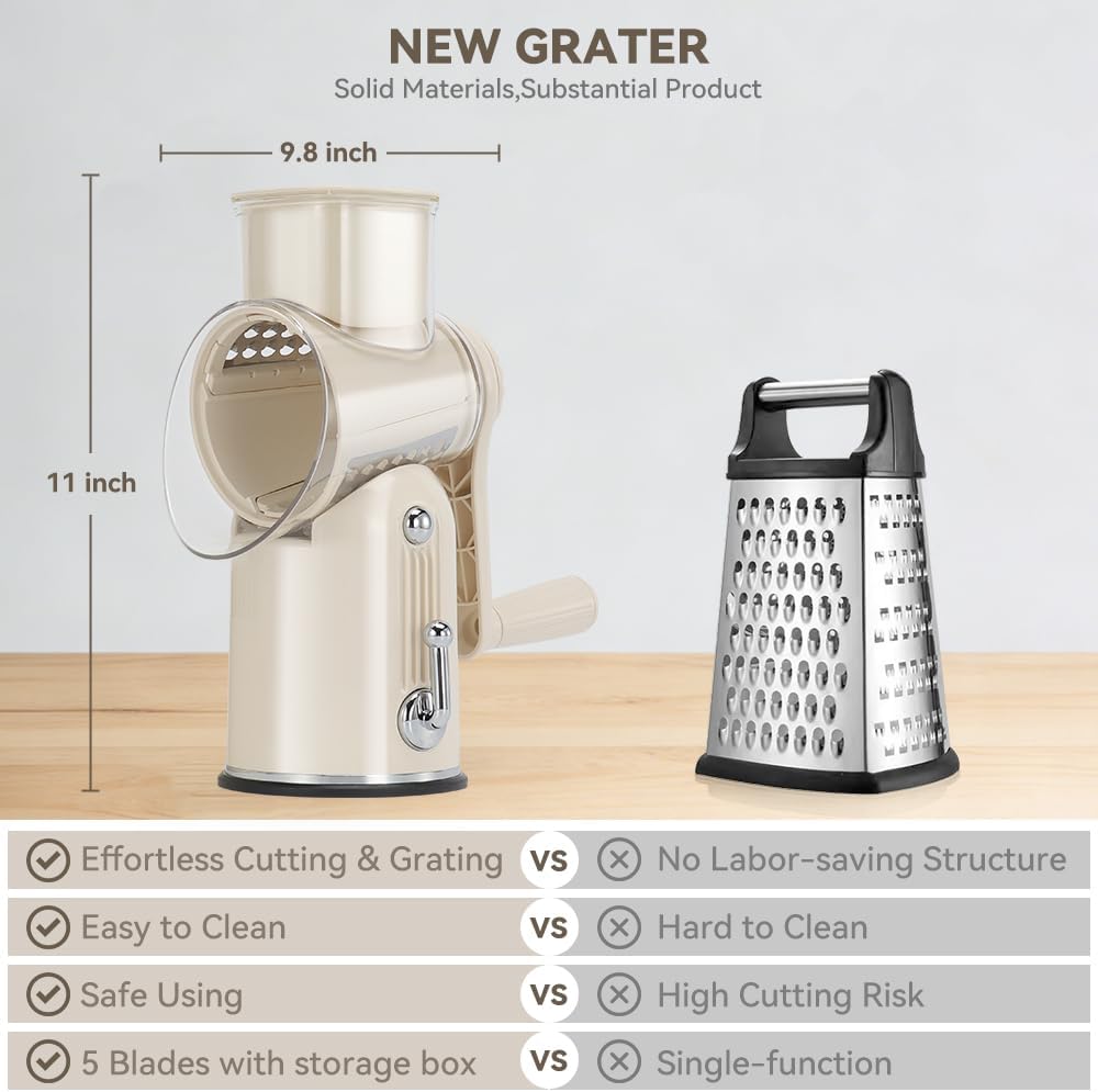 Rotary Cheese Grater 5 in 1 White - Hand Crank Vegetable Cutter, Shredder, Slicer, Enlarge Input, Suction Base, Labor-Saving Handle, Blade Storage Box, for Onion, Potato, Vegetable, Nuts, etc