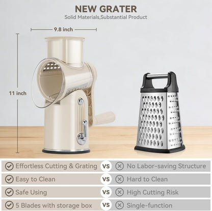 Rotary Cheese Grater 5 in 1 White - Hand Crank Vegetable Cutter, Shredder, Slicer, Enlarge Input, Suction Base, Labor-Saving Handle, Blade Storage Box, for Onion, Potato, Vegetable, Nuts, etc