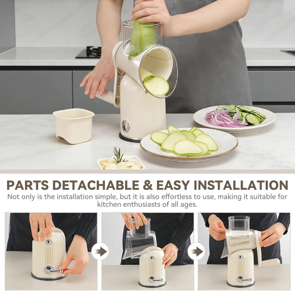 Rotary Cheese Grater 5 in 1 White - Hand Crank Vegetable Cutter, Shredder, Slicer, Enlarge Input, Suction Base, Labor-Saving Handle, Blade Storage Box, for Onion, Potato, Vegetable, Nuts, etc