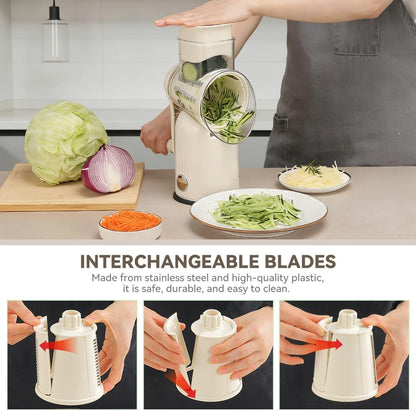 Rotary Cheese Grater 5 in 1 White - Hand Crank Vegetable Cutter, Shredder, Slicer, Enlarge Input, Suction Base, Labor-Saving Handle, Blade Storage Box, for Onion, Potato, Vegetable, Nuts, etc