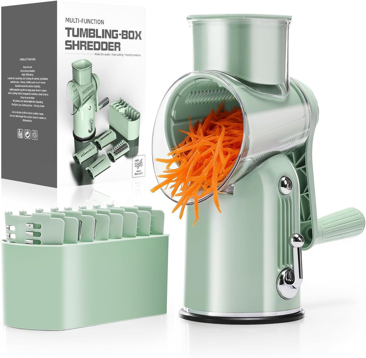 Rotary Cheese Grater 5 in 1 White - Hand Crank Vegetable Cutter, Shredder, Slicer, Enlarge Input, Suction Base, Labor-Saving Handle, Blade Storage Box, for Onion, Potato, Vegetable, Nuts, etc