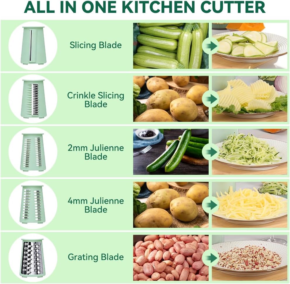 Rotary Cheese Grater 5 in 1 White - Hand Crank Vegetable Cutter, Shredder, Slicer, Enlarge Input, Suction Base, Labor-Saving Handle, Blade Storage Box, for Onion, Potato, Vegetable, Nuts, etc