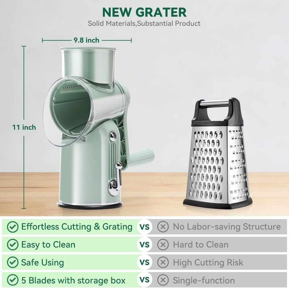 Rotary Cheese Grater 5 in 1 White - Hand Crank Vegetable Cutter, Shredder, Slicer, Enlarge Input, Suction Base, Labor-Saving Handle, Blade Storage Box, for Onion, Potato, Vegetable, Nuts, etc