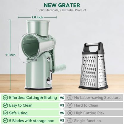 Rotary Cheese Grater 5 in 1 White - Hand Crank Vegetable Cutter, Shredder, Slicer, Enlarge Input, Suction Base, Labor-Saving Handle, Blade Storage Box, for Onion, Potato, Vegetable, Nuts, etc