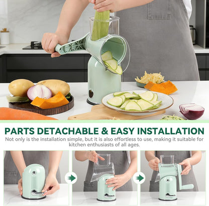 Rotary Cheese Grater 5 in 1 White - Hand Crank Vegetable Cutter, Shredder, Slicer, Enlarge Input, Suction Base, Labor-Saving Handle, Blade Storage Box, for Onion, Potato, Vegetable, Nuts, etc