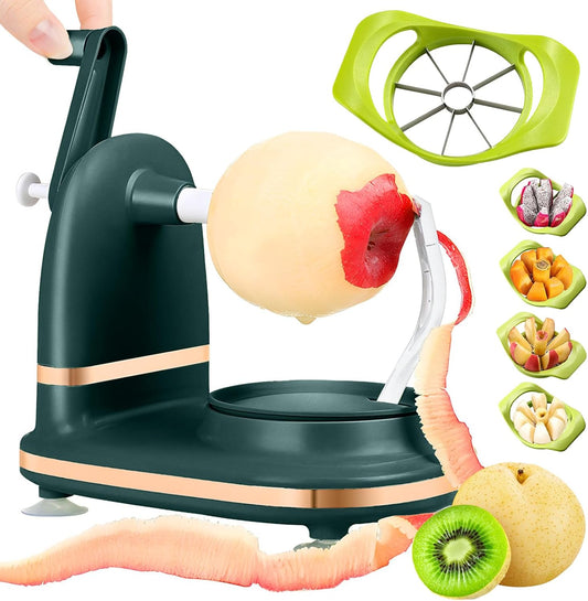 Manual Hand Crank Apple Peeler, Corer and Slicer – Suction Non Slip Counter Grips - Stainless Steel Blades – Peels, Cores and Cuts in Seconds for Home Kitchen (green, apple cutter 8 slices)