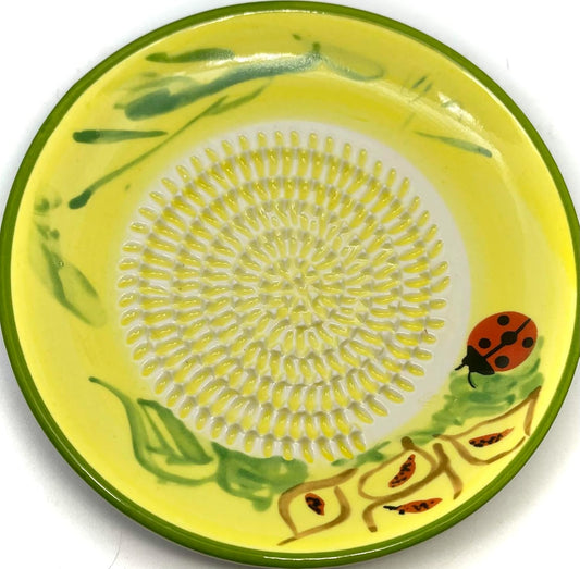 Premium Ceramic Garlic Grater Plate Set - Yellow Ladybug | Includes 5.25" Plate, Peeler, Brush, and Stand - For Strawberries, Ginger, Chocolate, Cheese, and more - Make your own puree!