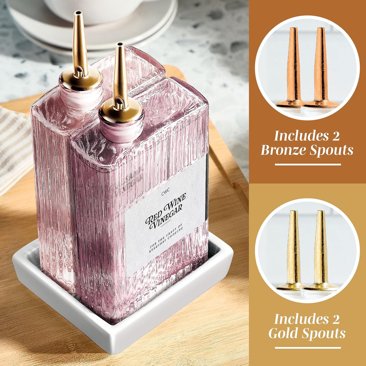 Olive Oil Dispenser Bottle - 2 Pk Glass Oil Dispenser for Kitchen - Condiment, Coffee Syrup & Vinegar Dispenser, Olive Oil Cruet, Includes 4 Auto Pourer Spouts