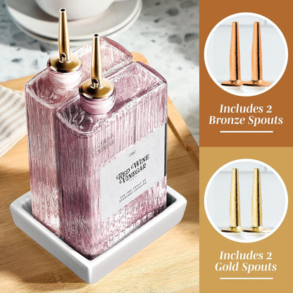 Olive Oil Dispenser Bottle - 2 Pk Glass Oil Dispenser for Kitchen - Condiment, Coffee Syrup & Vinegar Dispenser, Olive Oil Cruet, Includes 4 Auto Pourer Spouts