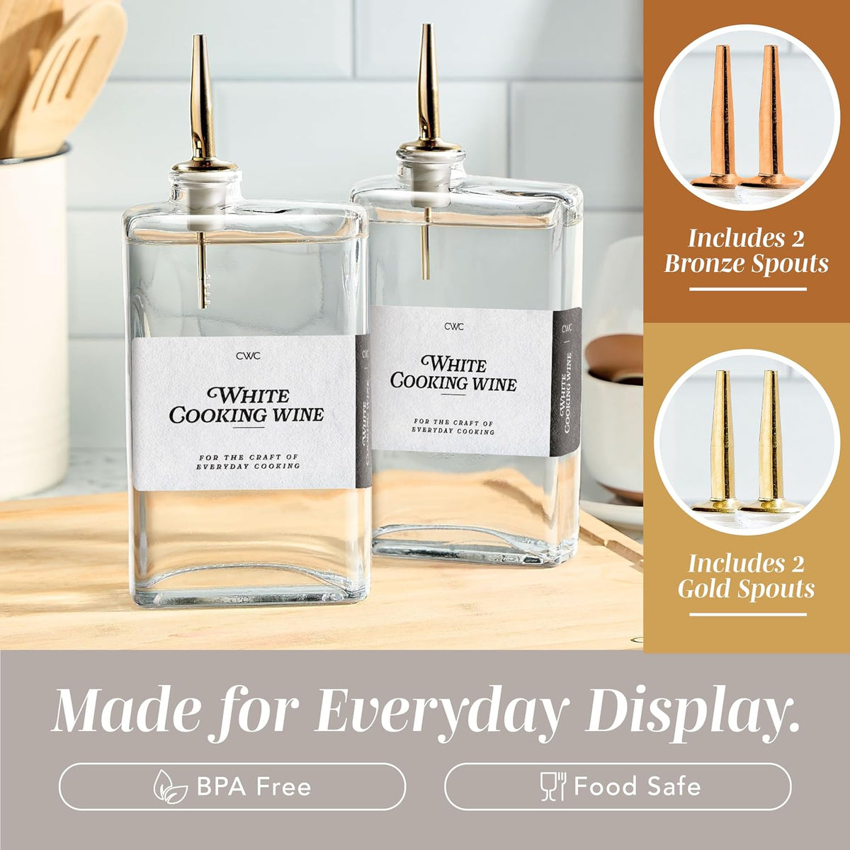 Olive Oil Dispenser Bottle - 2 Pk Glass Oil Dispenser for Kitchen - Condiment, Coffee Syrup & Vinegar Dispenser, Olive Oil Cruet, Includes 4 Auto Pourer Spouts