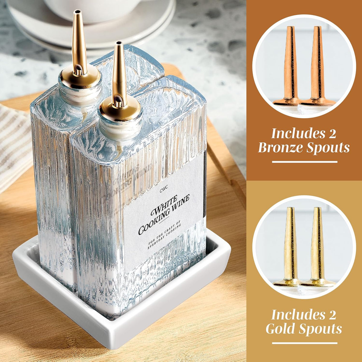 Olive Oil Dispenser Bottle - 2 Pk Glass Oil Dispenser for Kitchen - Condiment, Coffee Syrup & Vinegar Dispenser, Olive Oil Cruet, Includes 4 Auto Pourer Spouts