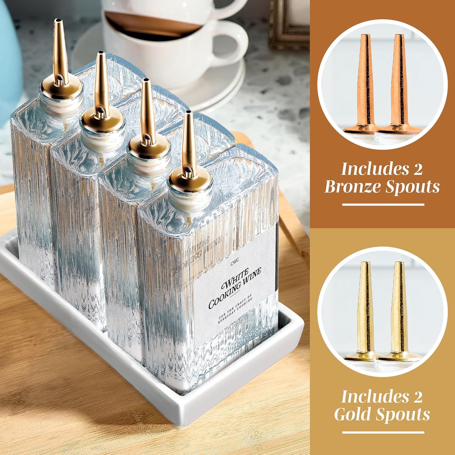 Olive Oil Dispenser Bottle - 2 Pk Glass Oil Dispenser for Kitchen - Condiment, Coffee Syrup & Vinegar Dispenser, Olive Oil Cruet, Includes 4 Auto Pourer Spouts