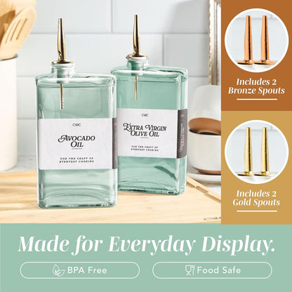Olive Oil Dispenser Bottle - 2 Pk Glass Oil Dispenser for Kitchen - Condiment, Coffee Syrup & Vinegar Dispenser, Olive Oil Cruet, Includes 4 Auto Pourer Spouts