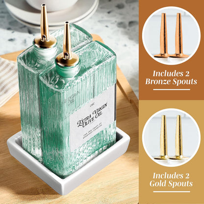 Olive Oil Dispenser Bottle - 2 Pk Glass Oil Dispenser for Kitchen - Condiment, Coffee Syrup & Vinegar Dispenser, Olive Oil Cruet, Includes 4 Auto Pourer Spouts