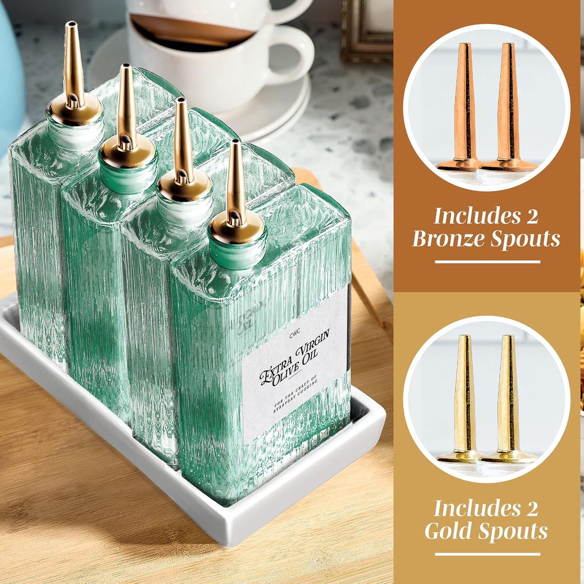 Olive Oil Dispenser Bottle - 2 Pk Glass Oil Dispenser for Kitchen - Condiment, Coffee Syrup & Vinegar Dispenser, Olive Oil Cruet, Includes 4 Auto Pourer Spouts