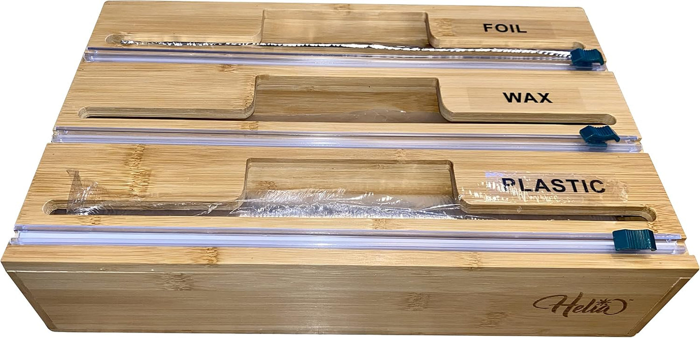 Bamboo Kitchen Wrap Organizer | Wall Mounting Solid Bamboo Foil and Plastic Wrap Dispenser with Sliding Cutters | Aluminum Foil and Plastic Wrap Dispenser with Cutter