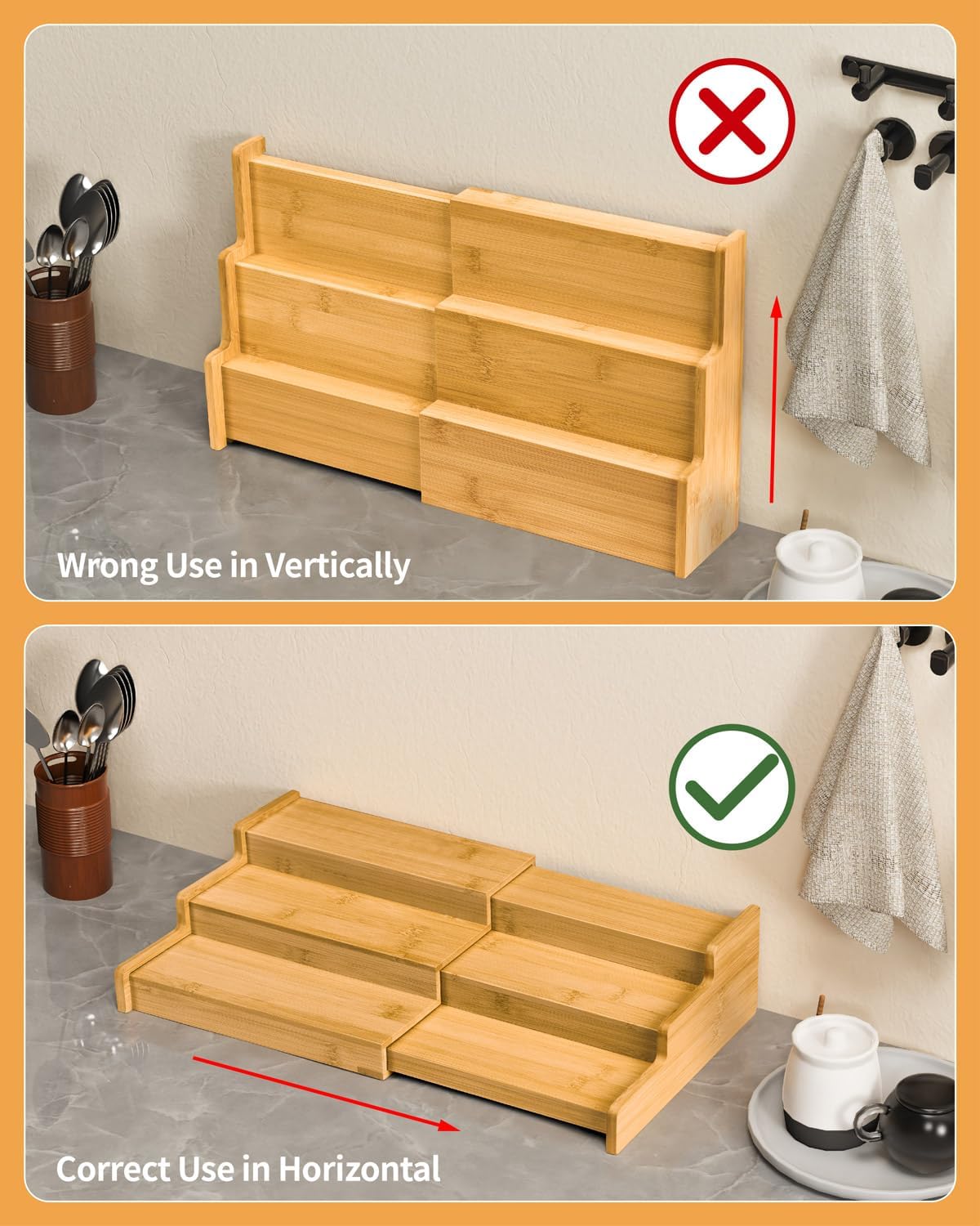 Spice Rack 3-Tier Natural Bamboo, Adjustable Cabinet Organizer Shelf | Expands 8.7-15.6"cabinets. Stepped design, labels visible.Storage organizer saves space, easy wipe. For spices, jars,cans.