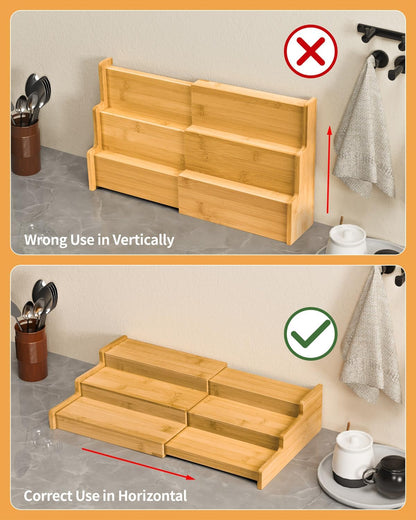 Spice Rack 3-Tier Natural Bamboo, Adjustable Cabinet Organizer Shelf | Expands 8.7-15.6"cabinets. Stepped design, labels visible.Storage organizer saves space, easy wipe. For spices, jars,cans.