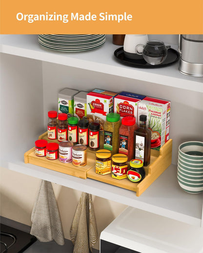 Spice Rack 3-Tier Natural Bamboo, Adjustable Cabinet Organizer Shelf | Expands 8.7-15.6"cabinets. Stepped design, labels visible.Storage organizer saves space, easy wipe. For spices, jars,cans.