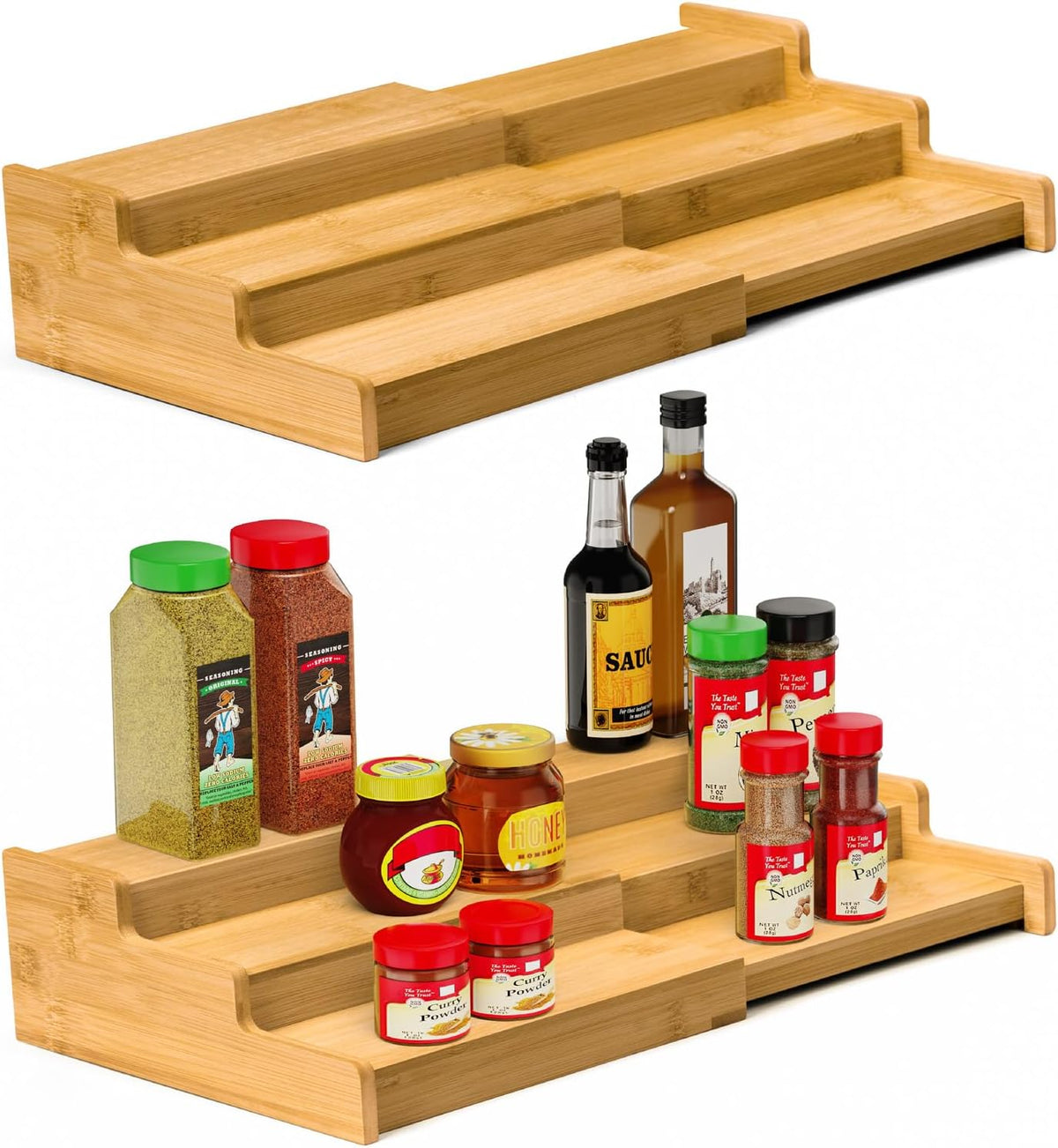 Spice Rack 3-Tier Natural Bamboo, Adjustable Cabinet Organizer Shelf | Expands 8.7-15.6"cabinets. Stepped design, labels visible.Storage organizer saves space, easy wipe. For spices, jars,cans.