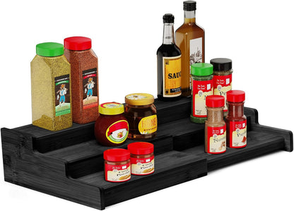 Spice Rack 3-Tier Natural Bamboo, Adjustable Cabinet Organizer Shelf | Expands 8.7-15.6"cabinets. Stepped design, labels visible.Storage organizer saves space, easy wipe. For spices, jars,cans.