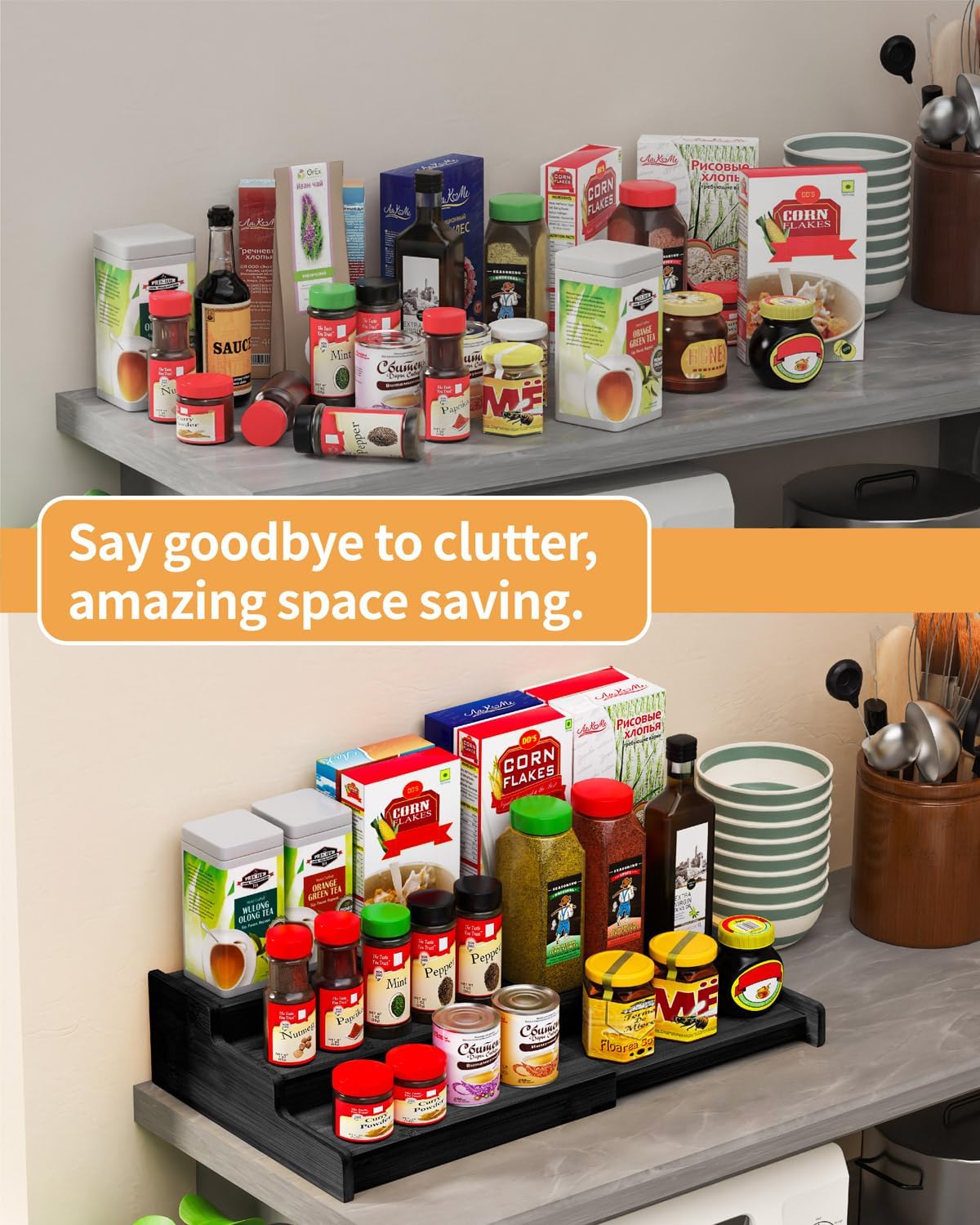Spice Rack 3-Tier Natural Bamboo, Adjustable Cabinet Organizer Shelf | Expands 8.7-15.6"cabinets. Stepped design, labels visible.Storage organizer saves space, easy wipe. For spices, jars,cans.