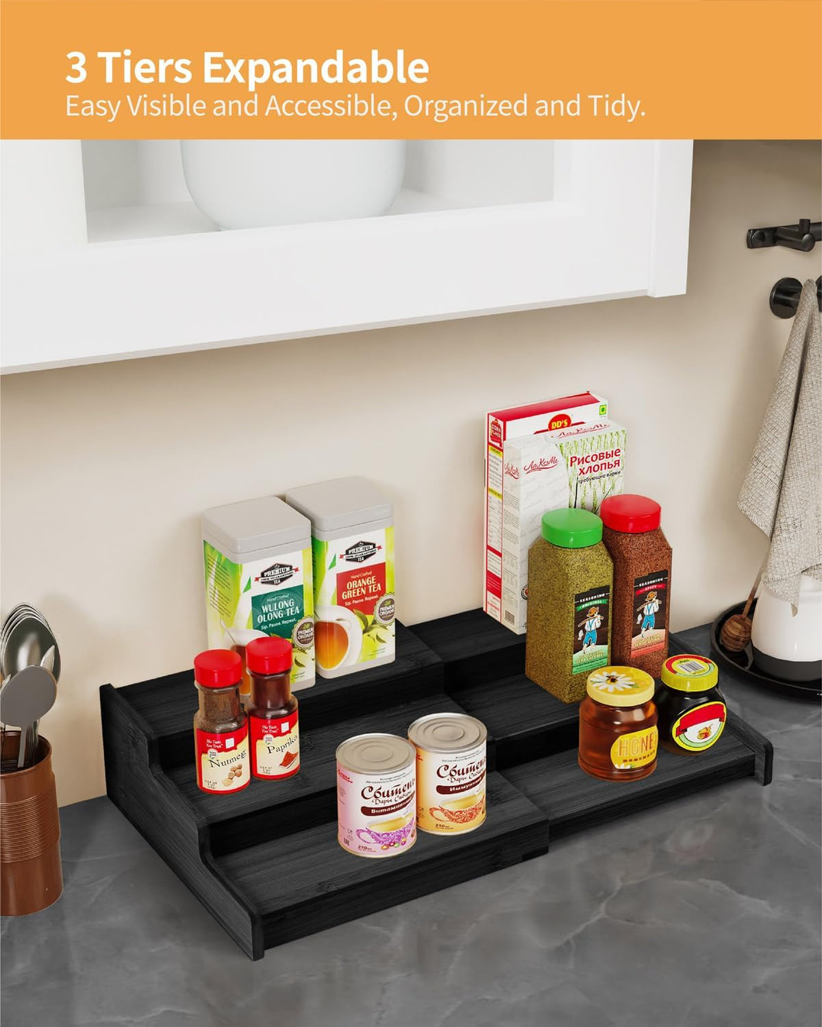 Spice Rack 3-Tier Natural Bamboo, Adjustable Cabinet Organizer Shelf | Expands 8.7-15.6"cabinets. Stepped design, labels visible.Storage organizer saves space, easy wipe. For spices, jars,cans.