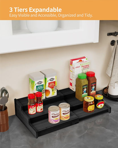 Spice Rack 3-Tier Natural Bamboo, Adjustable Cabinet Organizer Shelf | Expands 8.7-15.6"cabinets. Stepped design, labels visible.Storage organizer saves space, easy wipe. For spices, jars,cans.