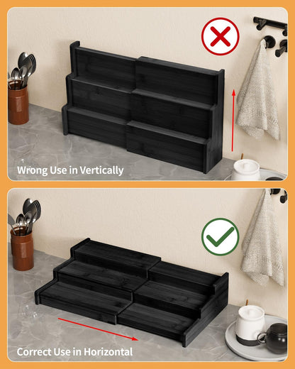 Spice Rack 3-Tier Natural Bamboo, Adjustable Cabinet Organizer Shelf | Expands 8.7-15.6"cabinets. Stepped design, labels visible.Storage organizer saves space, easy wipe. For spices, jars,cans.