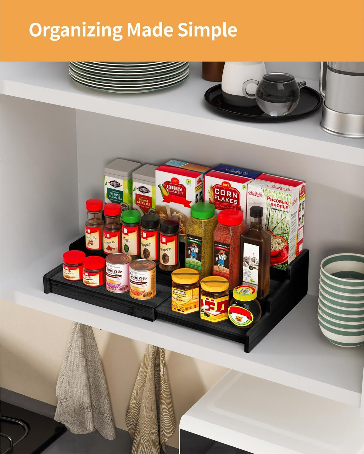 Spice Rack 3-Tier Natural Bamboo, Adjustable Cabinet Organizer Shelf | Expands 8.7-15.6"cabinets. Stepped design, labels visible.Storage organizer saves space, easy wipe. For spices, jars,cans.
